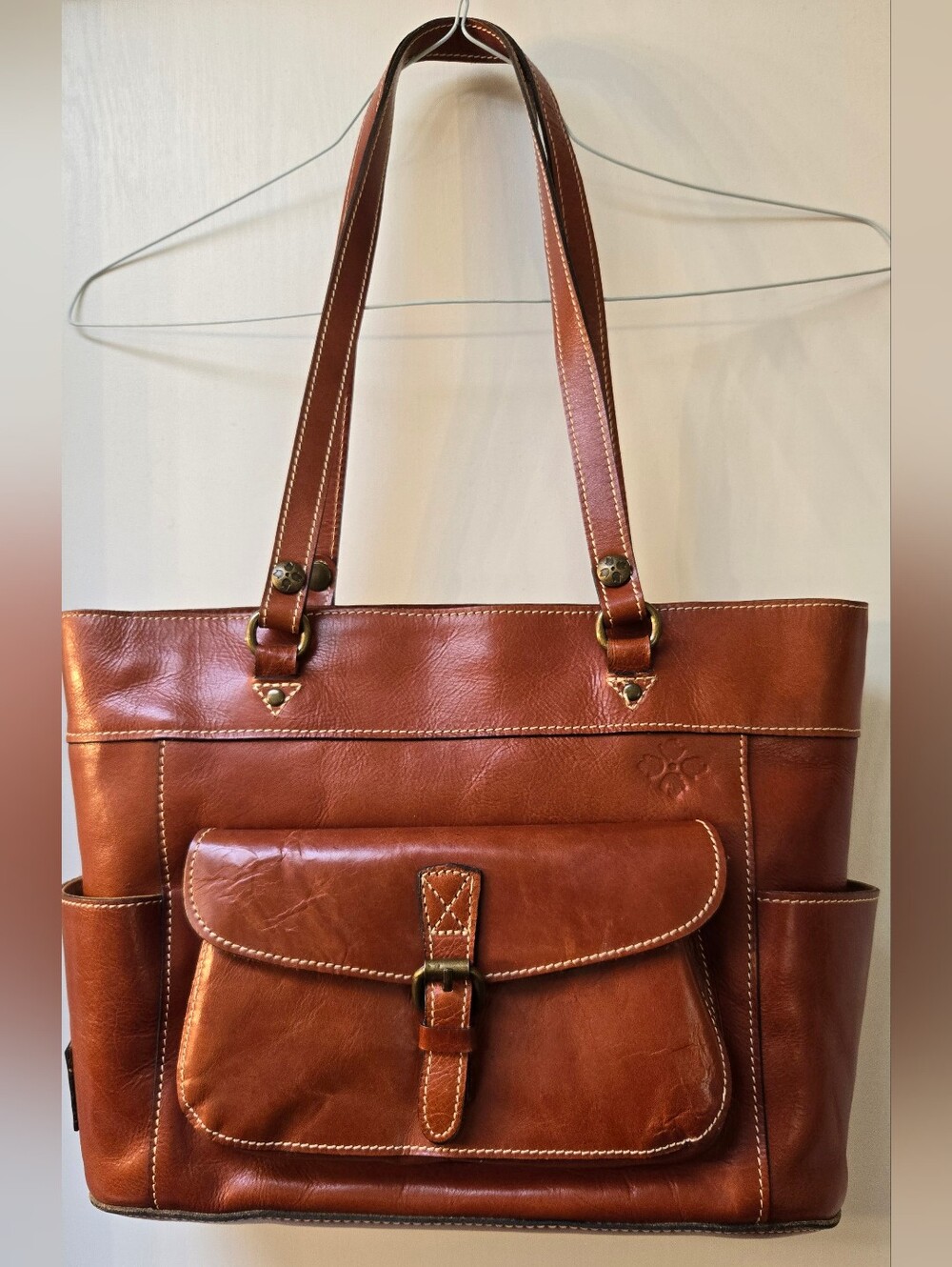 Patricia Nash Brown Italian Leather Tote Shoulder Bag Cognac Multi Pocket Large